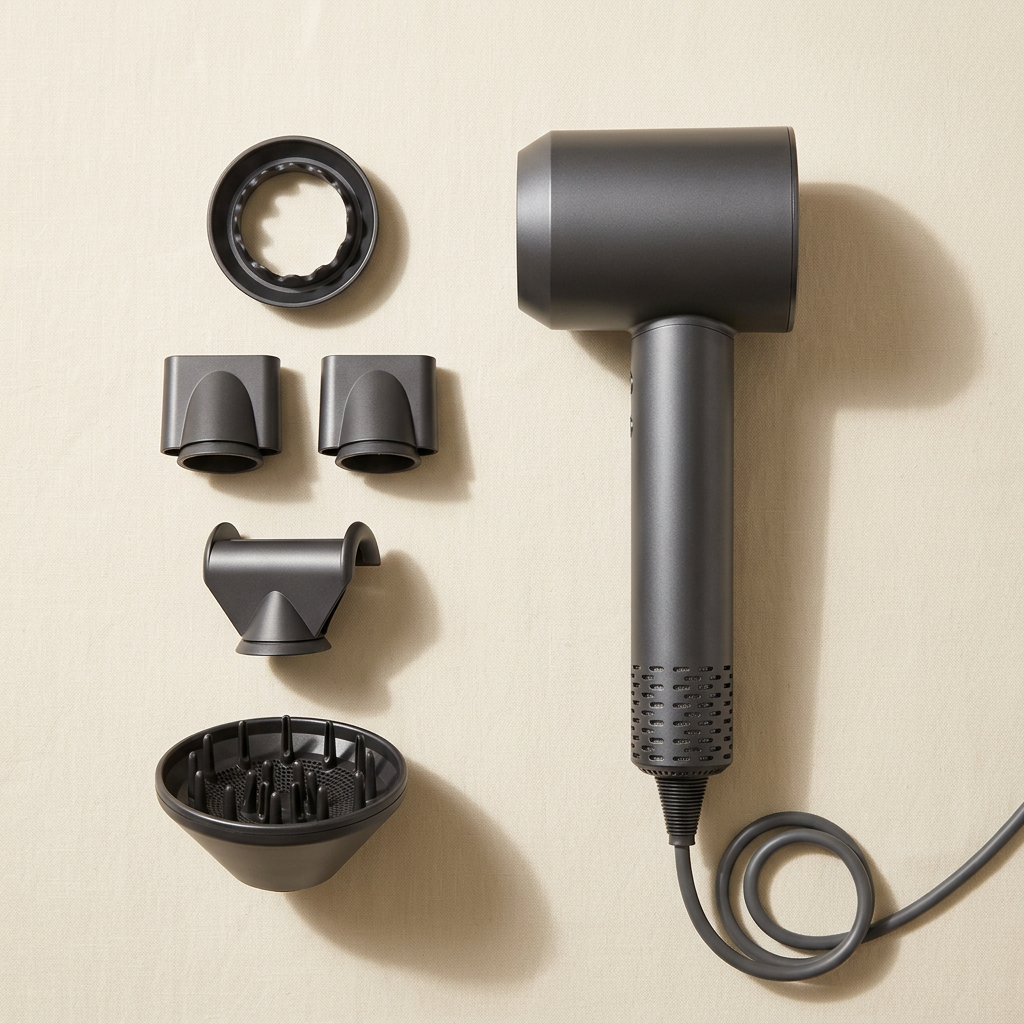 Hair dryer and accessories flat lay