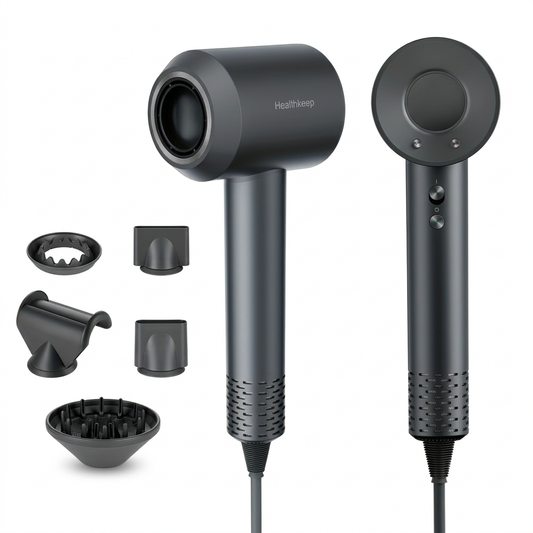 Hair dryer and attachments on white