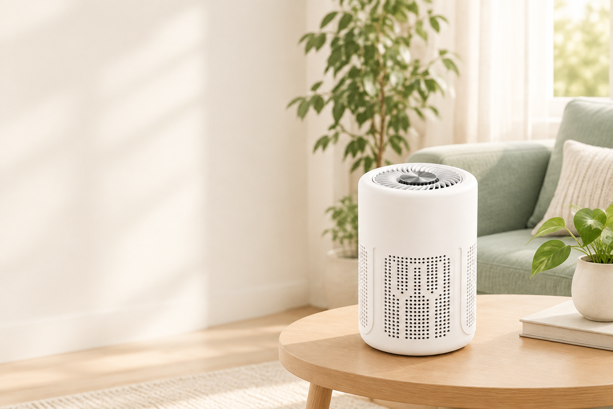 Gentle Co banner featuring the white air purifier in a warm, airy living room