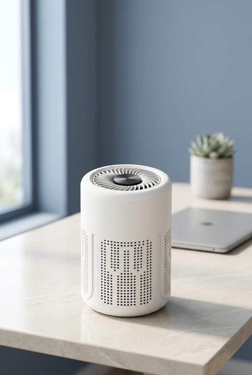 Gentle Co air purifier in a cool-toned home office