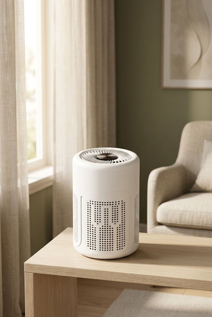 Gentle Co air purifier in a softly lit reading nook