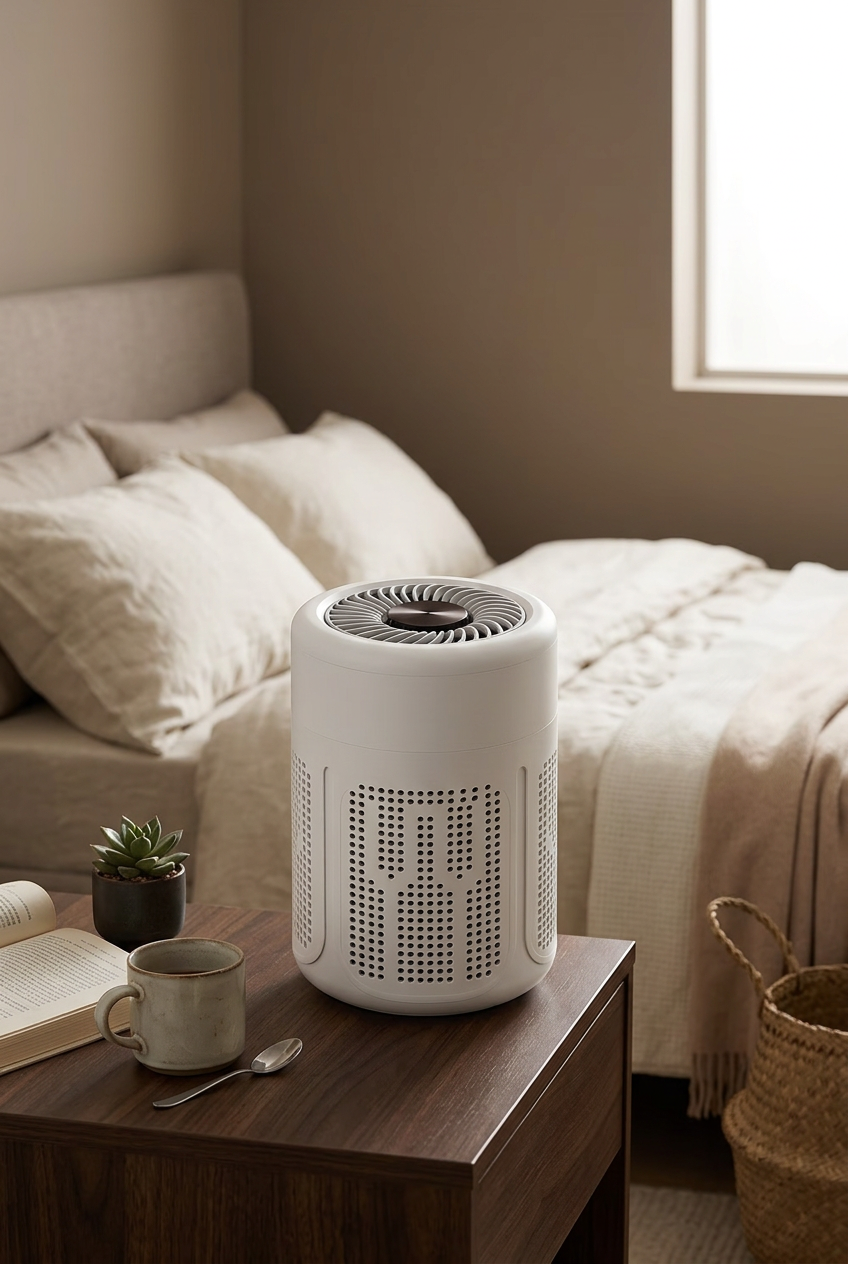 Gentle Co air purifier on a walnut bedside table in a warm neutral bedroom